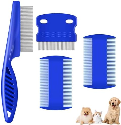 4 Pack Dog Grooming Comb, Pet Flea Lice Combs, Stainless Steel Cat Combs with Rounded Teeth, Double Sided Professional Pet Tear Stain Remover, Dematting Tool for Small, Medium & Large Pets by Brillirare