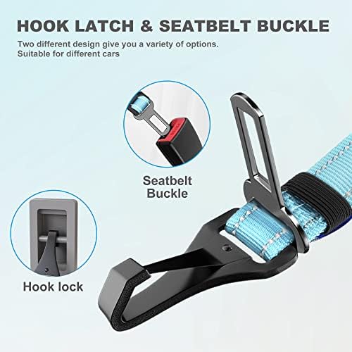 Dog Seat Belt 3-in-1 Car Harness for Dogs Adjustable Safety Seatbelt for Car Nylon Reflective Bungee Fabric Dog Car Harness with Clip Hook Latch & Buckle, Swivel Zinc Alloy Carabiner (Light Blue) - Image 2