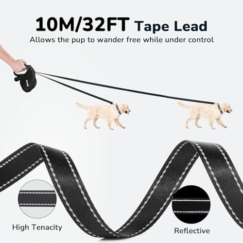 Pecute 32ft Retractable Dog Leash with Reflective Strips, 360° Tangle-Free, One-Button Control & Sturdiness Nylon Material, Long Leash Retractable with Poop Bag Holder for Medium Large Dog - Image 2