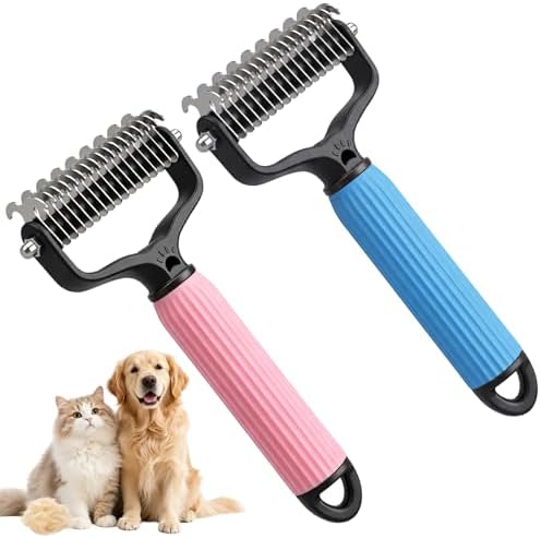 2 PcsPet Grooming Brush, Dematting Comb for Dogs and Cats, Double Sided Undercoat Rake – Undercoat Rake Pet Brush for Long Hair (Blue+Pink) by Unknown