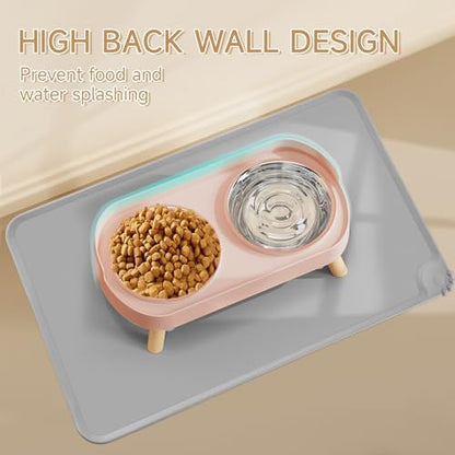 Elevated Cat Bowl with Food Mat, Raised Cat Food and Water Bowl Set for Indoor Cats, Splash Proof with 2 Stainless Steel Pet Food Bowls for Cats and Puppies,Whisker Fatigue and Dishwasher Safe (Pink) - Image 2