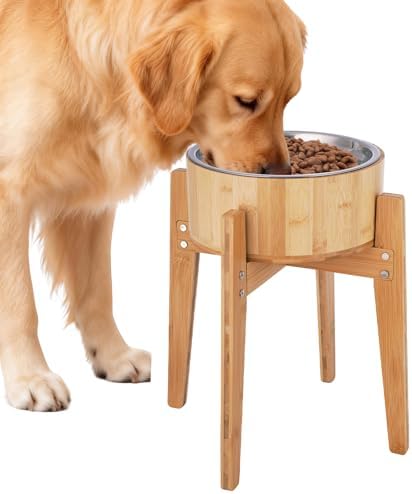 Elevated Dog Bowls for Large Dogs Feeder Two Bowls with a Stainless Steel and Bamboo Dishes，Raised Dog Bowl Stand with Non-Slip Feet，Ideal for Medium and Large Breeds， (13.5-inch High) by Unknown