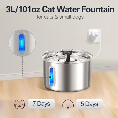 3L/101oz Stainless Steel Cat Water Fountain for Indoor Use - Ultra Quiet Automatic Cat Fountain for Drinking, BPA-Free Pet Water Dispenser for Cats/Small Dogs LED Window (2 Filters 2 Sponges) - Image 4