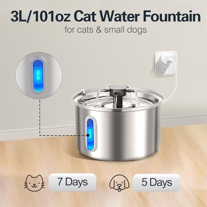 3L/101oz Stainless Steel Cat Water Fountain for Indoor Use - Ultra Quiet Automatic Cat Fountain for Drinking, BPA-Free Pet Water Dispenser for Cats/Small Dogs LED Window (2 Filters 2 Sponges) - Image 4
