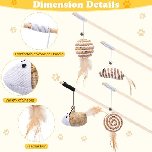 Leitee 20 Pcs Interactive Cat Toys for for Indoor Cats Set, Wooden Cat Wand Toywith Bells Feather Handle Chew Rope Mouse Sisal Balls Kitty Toys for Play Chase Exercise (Brown) - Image 3