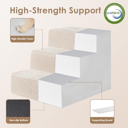 EHEYCIGA Dog Stairs 13.5" H, 3-Step Extra Wide Dog Steps, Beige - Image 4