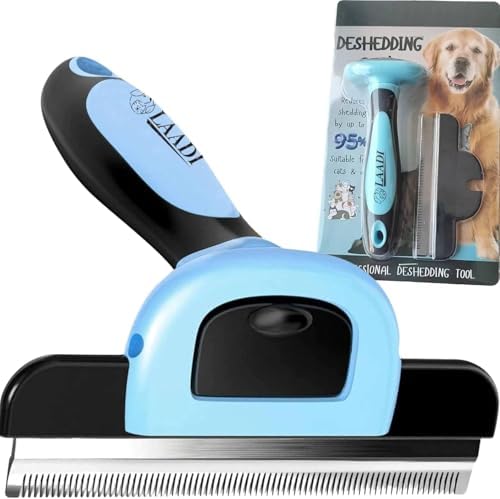 LAADI Deshedding Tool for Dogs and Cats - Reduces Shedding by Up to 95% in Less Than 10 Minutes - Professional Grooming Brush for All Hair Types - Ergonomic Design and Skin Massage Needles - Blue by LAADI