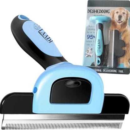 LAADI Deshedding Tool for Dogs and Cats - Reduces Shedding by Up to 95% in Less Than 10 Minutes - Professional Grooming Brush for All Hair Types - Ergonomic Design and Skin Massage Needles - Blue by LAADI