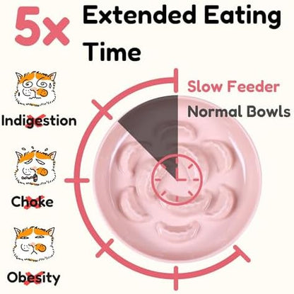 2 Pcs Cat Slow Feeder Bowl for Dry & Wet Food - Unbreakable Melamine Cat Food Plates for Slow Eating - Cute Kitten Bowl - Whisker Friendly & Dishwasher Safe & Non Slip Design (Blue + Pink) - Image 3