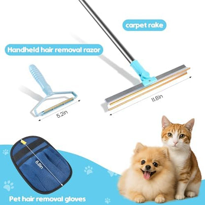 3-in-1 Pet Hair Removal Tool Kit Dog Hair Remover and Carpet Rake Includes Handheld Pet Hair Removal Tool and Grooming Glove Removes Embedded Fur from Carpets Rugs Furniture and Pet Beds - Image 2