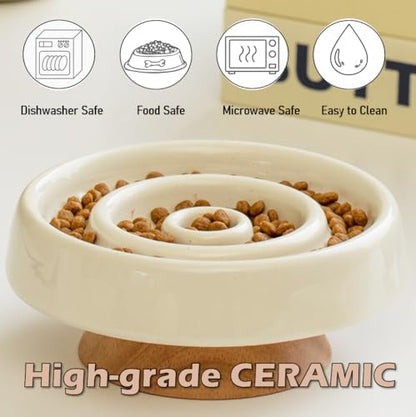Ceramic Cat Slow Feeder, Raised Slow Feeder Cat Bowl, Anti Vomiting and Whisker Friendly Kitty Dish, Elevated Puppy Kitten Food Bowl for Dry and Wet Food (White) - Image 4