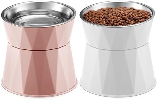 Lallisa 2 Pcs Elevated Cat Bowls Adjustable Raised Cat Feeder Non Slip Food Water with Stand Safe Stainless Steel Bowls with Pet Food Stand for Pets Feeding Eating(Pink, White) by Lallisa