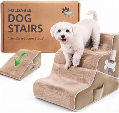 Dog Stairs for Bed & Couch – 2-in-1 Foldable Dog Stairs and Ramp (Beige) by BuddyRamp