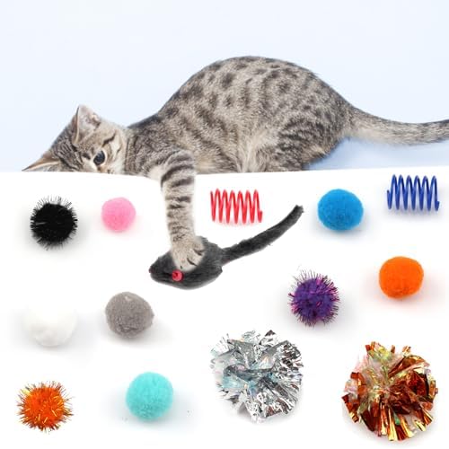 QUOZUO 60 Packs Cat Toys Balls Set Spiral Springs Assorted, Kitten Sparkle Ball, Mouse Toys, Cat Crinkle Balls Springs, Soft Pom Pom Balls - Image 7