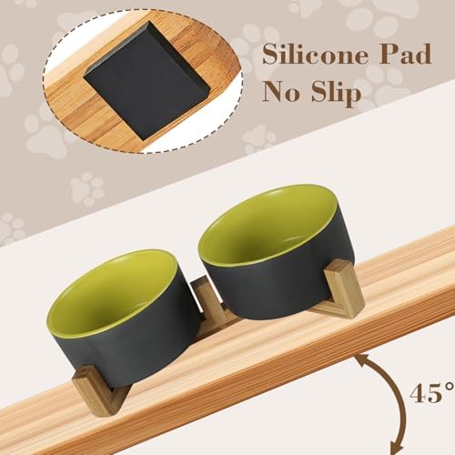Ceramic Dog and Cat Bowl Set with Wooden Stand Matte Glaze Elevated Food Water Set Anti-Tip Non-Slip Weighted for Cats Small Breed Dogs-Green-13.3OZ - Image 2