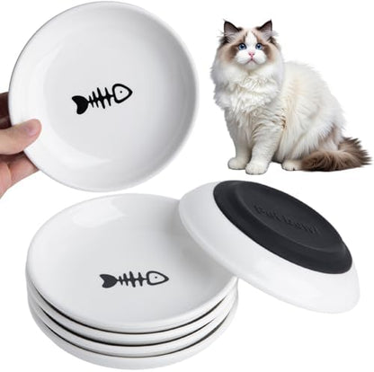 Cat Food Bowl Set of 6, Ceramic Cat Bowls,Anti Whisker Fatigue Cats Bowl Set,5.9 Inches Shallow Wide Kitten Plates with Silicone Base for Wet/Dry Food,Indoor Pets (Fish Bone) by KITCHENLESTARaddsmorebeautifulcolourstoyourlife
