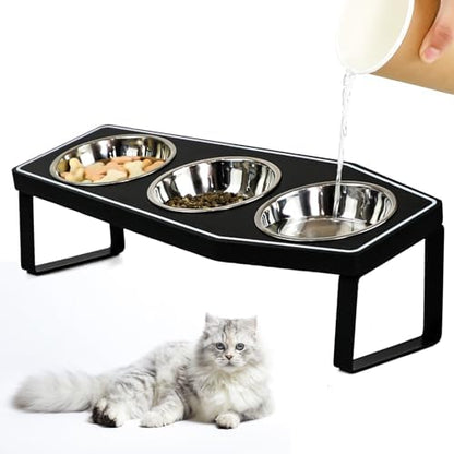 Gothic Cat Food Bowls Elevated, Raised Cat Bowls for Indoor, Non-Slip Stand & Wood Board, Stainless Steel and Whisker Friendly Food Bowls (Cat Bowl*3) by OPELETNNT