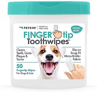 Petkin Fingertip Tooth Wipes for Dogs and Cats, 50 Finger Wipes - Slip-On, Snug Fit, Micro-Bristle Fabric - Cleans Teeth, Gums, Plaque & Tartar - Convenient, Ideal for Home and Travel - Fresh Mint by Petkin