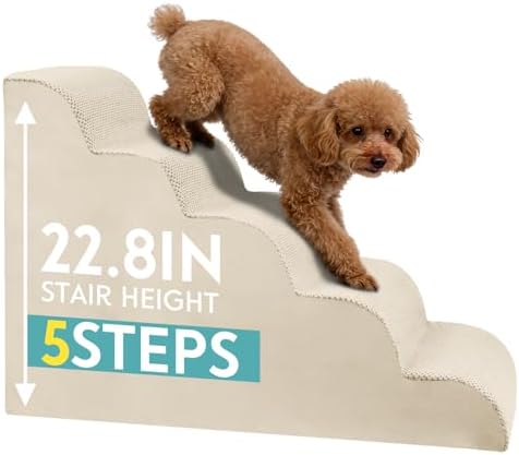 Dog Stairs for Small Dogs, Pet Stairs Steps Ramp for Puppy, Older Cat, Stairs with Whole High Density Foam, Corduroy Fabric, Non-Slip Bottom Dog Steps for Bed and Couch (Beige, 5-Step (H: 22.8IN)) by Unknown