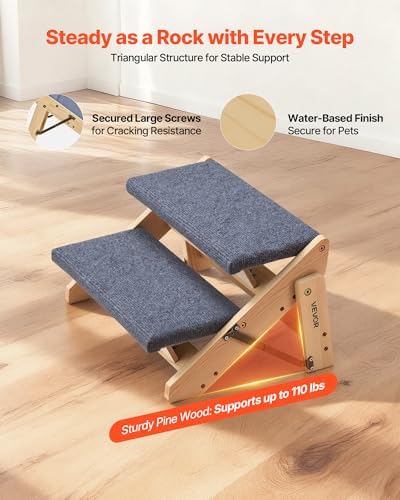 VEVOR Wood Pet Stairs, 2-Step Dog Stairs for Beds, Sofa & Cars, 110lbs Load Capacity, Floded Flat Design, Stable & Sturdy Cat & Dog Step Ladder for Small Medium Large Older Pet Puppy Essentials - Image 3