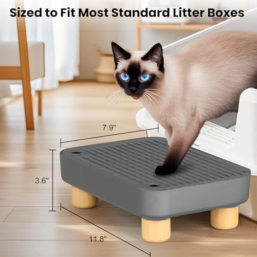Litter Box Step, Litter Box Ramp/Catcher with Wooden Base, Anti-Tracking & Easy to Clean, Ideal for Small & Elderly Cats 11.8"x7.9"x3.6" (Dark Gray) - Image 2