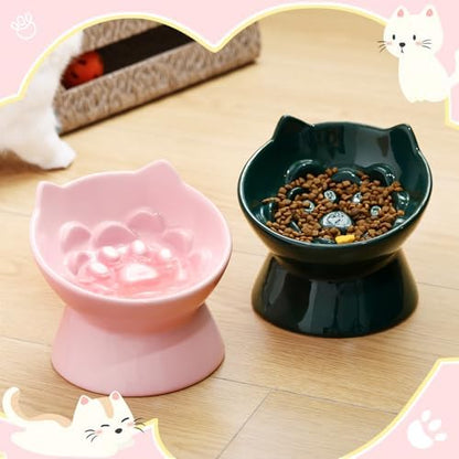 Funnymoom 2 Pcs Ceramic Raised Slow Feeder Cat Bowl, 5.91inch Elevated Cat Slow Feeder Bowl Tilted Anti Vomiting for Dry Wet Food and Water Easy to Clean High Edge(Dark Green, Pink) - Image 6