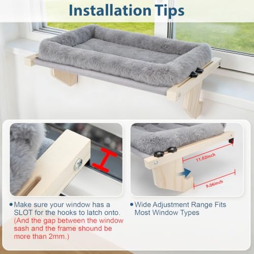 Cat Sill Window Perch - 100% Natural Pine Frame, Soft Plush Fleece Cushion, Tool-Free Adjustment, Supports 55 lbs (Extra Large-Grey) - Image 7