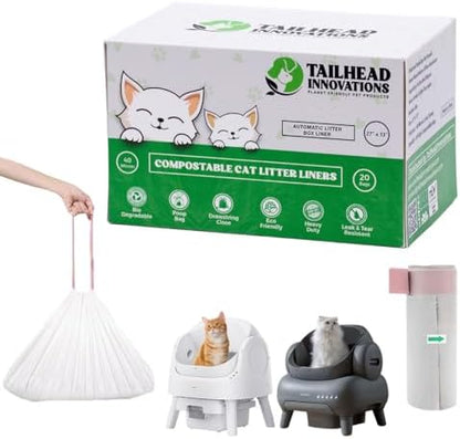 Automatic Robot Liners – 100% Compostable - Compatible with Neakasa M1 and PetPivot AutoScooper 11 Open-Top Self-Cleaning Litter Box - 27" L x 13" W – Drawstring Close – 40 Micron by TailheadInnovations