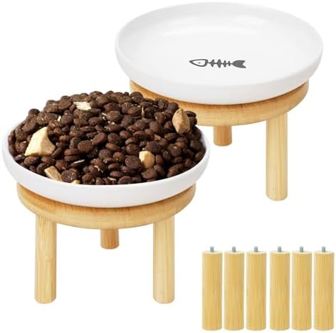 Elevated Cat Bowls with Bamboo Stand, Ceramic Raised Cat Bowl Set of 2, 5.9 Inch Whisker Friendly Anti Vomiting Cat Food Bowls for Dry and Wet Food by Lfpkixise