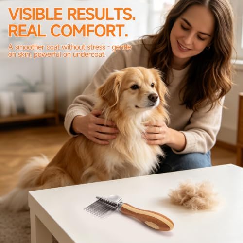 Pet Dematting Comb for Dogs & Cats, 45° Stainless Steel Undercoat Rake Removes Mats, Knots, Tangles & Loose Fur, Grooming Brush for Long & Short Haired Pets, Ergonomic Natural Bamboo Handle - Image 6
