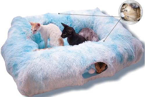 XxingSheep 4 Cave Shuttled XL Cat Tunnel Bed for Indoor Cats Peekaboo Toy Donut with Warm Mat, Azure Blue by XxingSheep