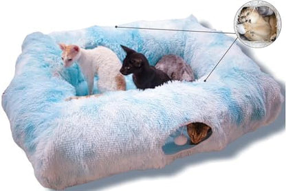 XxingSheep 4 Cave Shuttled XL Cat Tunnel Bed for Indoor Cats Peekaboo Toy Donut with Warm Mat, Azure Blue by XxingSheep