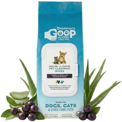 Groomer’s Goop Pet Cleaning Wipes – Gentle, Alcohol-Free Formula with Acai Extract for Dogs & Cats, Safely Cleans & Deodorizes Fur, Supports Skin Health, Great for Puppies & Kittens – 100 Count Pack by GroomersGOOP