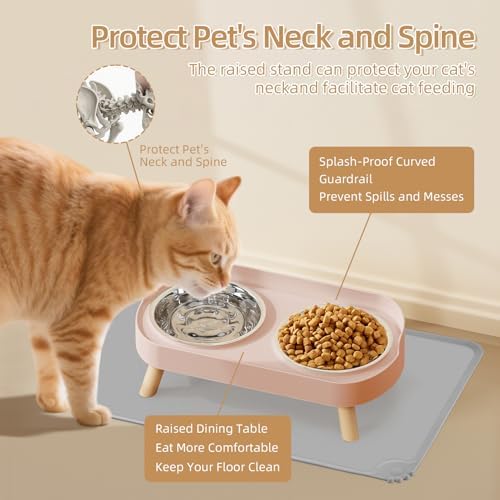 Elevated Cat Bowl with Food Mat, Raised Cat Food and Water Bowl Set for Indoor Cats, Splash Proof with 2 Stainless Steel Pet Food Bowls for Cats and Puppies,Whisker Fatigue and Dishwasher Safe (Pink) - Image 3