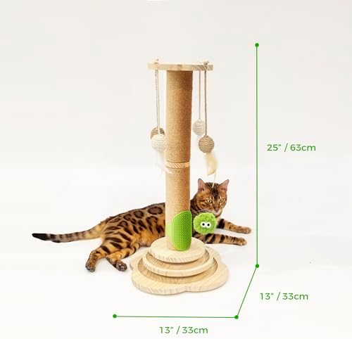 TINYBEAST Wooden Cat Scratching Post, 4 in 1 Cat Scratcher Toy with Cat Ball Tracks, 25" Tall Sisal Scratch Post for Indoor Kittens Adult Cats, Interactive Feather Toy and 4 Sisal Hanging Balls - Image 6