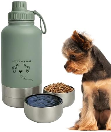 Love Wag & Play Dog Water Bottle with Food Bowls, Portable Stainless Steel Bottle for Dogs, Leakproof Travel Design with Detachable Bowls for Walks, Hikes and Outdoor Adventures (32 oz) by LoveWagPlay