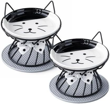 Ceramic Cat Dish, Cat Plate Relief Whisker Fatigue Cat Dishes for Food and Water, Whisker-Friendly Design, 5.9W x 1.18D Inch, for Indoor Cat and Small Dog, Multi Color (2-Black) by Unknown