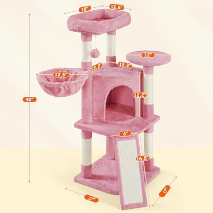 Yaheetech Cat Tree, 42in Play Tower for Indoor Cats, Kitten House with Large Perch & Scratching Posts & Cozy Condo & Scratching Ramp, Cat Furniture Activity Center, Pink - Image 3