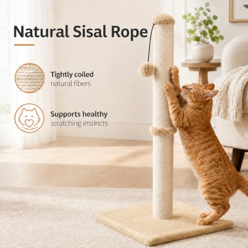 Dimaka 29" Height Tall Cat Scratching Post, Claw Scratcher with Sisal Rope and Covered with Soft Smooth Plush, Vertical Scratch [Full Strectch] for Standard Size Cats (Light Brown, 29 inches) - Image 7