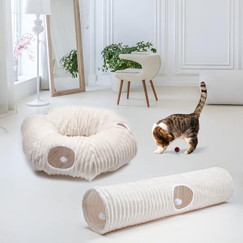 FORMYCATIE Luxurious Cat Tunnel,43" Straight Cat Tunnel Toys with Balls for Indoor,Collapsible Peekaboo Cave for Kitten （White Stripe） - Image 2