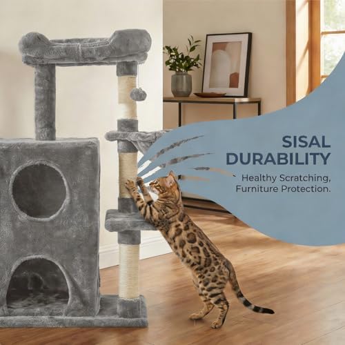Fansafurn Cat Tree Tower for Indoor Cats, 36-inch Adult Cat Tree House for Large Adult Cats with Steps, Scratching Post, 2 Cat Condo, Dangling Toys, Light Grey - Image 5