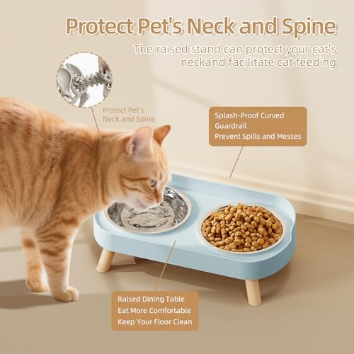 Elevated Cat Bowl, Raised Cat Food and Water Bowl Set for Indoor Cats, Splash Proof with 2 Stainless Steel Pet Food Bowls for Cats and Puppies, Whisker Fatigue and Dishwasher Safe - Blue - Image 3