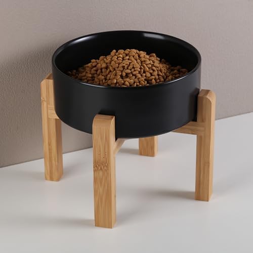 Black Elevated/Raised Dog Bowl Ceramic with Wood Stand for Small Medium Breed,Dog Food Water Dish Heavy, 6 in Non Slip Modern Cute Porcelain Pet Bowl - Image 4