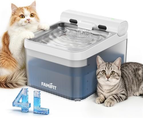 4L Automatic Cat Water Fountain, Wireless Pump Stainless Steel Bowl by Famifit