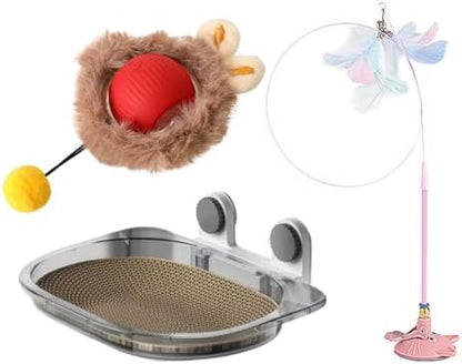 3-in-1 Cat Toy and Cat Window Perch, Window-Mounted Hammock with Scratching Board, Interactive Teaser Wand, Smart Ball with LED Lights by Unknown