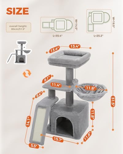 PETEPELA Cactus Cat Tree for Kittens & Small Cats, 32in Cat Tower, Grey - Image 4