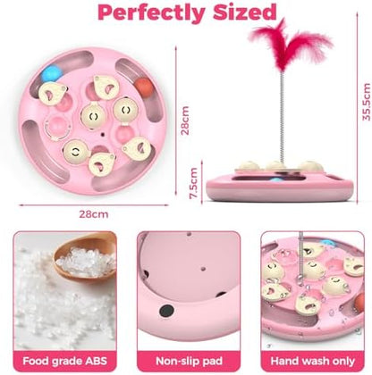 3 in 1 Cat Treat Puzzle Feeder, Level 3 Interactive Cat Puzzle Toy with Track Balls, Feather Teaser & Slow Feeder Insert, Non-Slip Base, Mental Stimulation for Bored Indoor Cats, Pink - Image 6