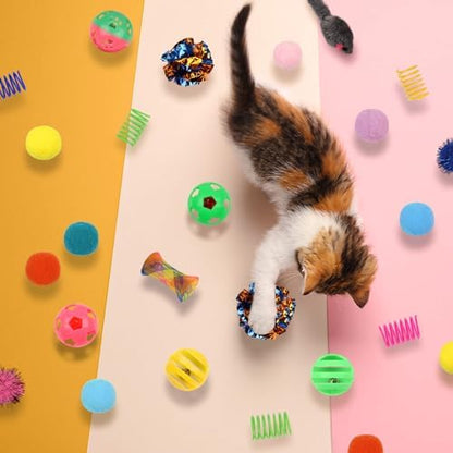 QUOZUO Kitten Toys, 60PCS Cat Balls Springs Toy Set, Cat Mouse Toy, Kitten Sparkle Crinkle Balls Furry Soft Pom Pom - Image 7
