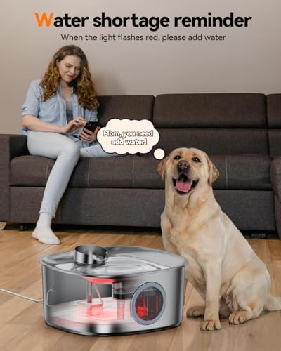 Dog Water Fountain Stainless Steel, 11L/2.8Gal Large Pet Water Fountain for Large Dogs Inside, Dog Fountain Water Bowl Automatic Dispenser with Visible Window & LED, Ultra Quiet (with 8pcs Filters) - Image 7
