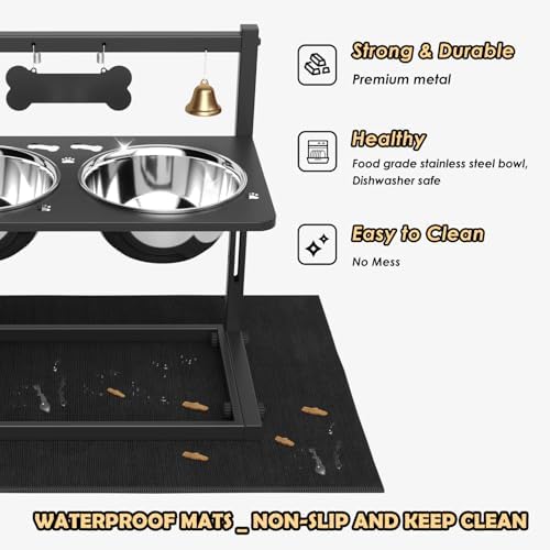 Elevated Dog Bowls with Slow Feeder and Spill Proof Mat, Adjustable Height 4.3-11.8'', Two 1.7L Stainless Steel Food & Water Bowls, Metal Raised Dog Bowl Stand, for Large Medium Breeds - Image 4